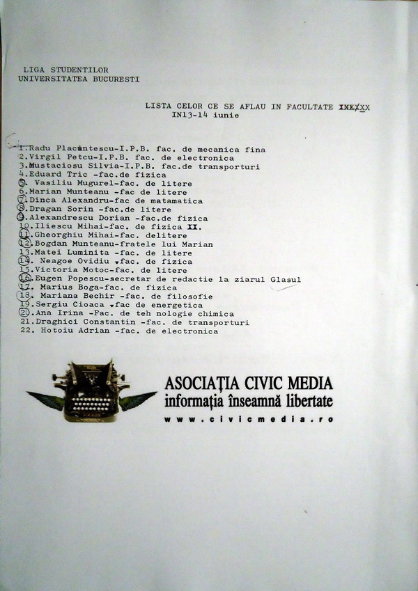 Liga Studentilor - Marian Munteanu - Piata Universitatii 13 - 15 iunie 1990 Civic Media Roncea Ro