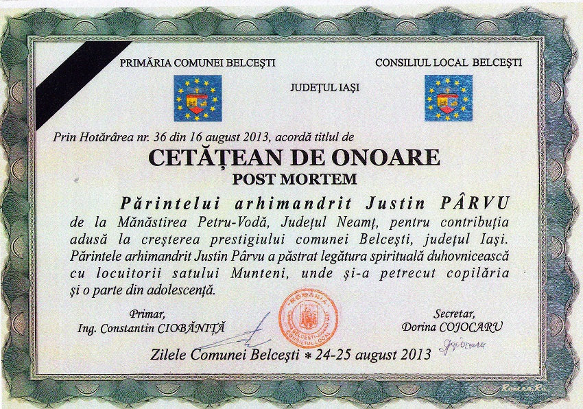 Diploma Parintele Justin Cetatean de Onoare Belcesti - Info via Roncea Ro