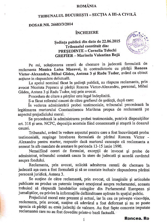 Sentinta Justitia Romana pentru Victor Roncea si Libertatea Presei Mineriada 90 - 2015 - vs Monica Macovei 1