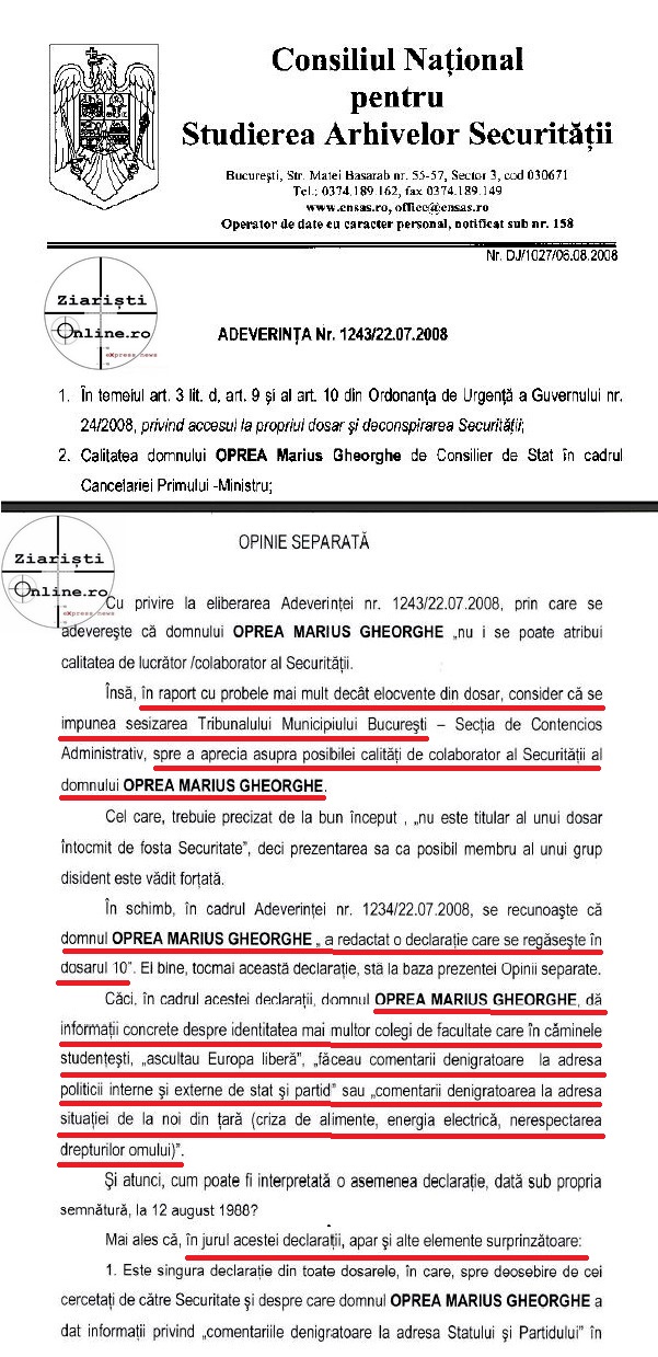 CNSAS Marius Oprea  - Informator al Securitatii - Opinie Separata 1 Ziaristi Online