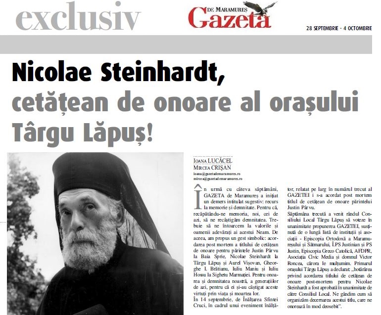 Gazeta de Maramures - Parintele Nicolae Steinhardt - Cetatean de Onoare Targu Lapus - Civic Media