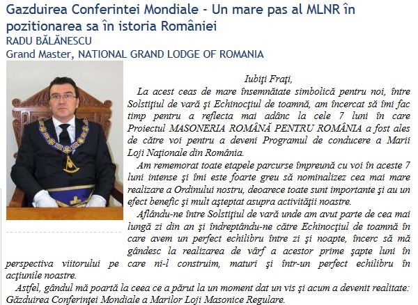 Conferinta Mondiala a Marilor Loji Masonice Regulare - Romania - Radu Balanescu