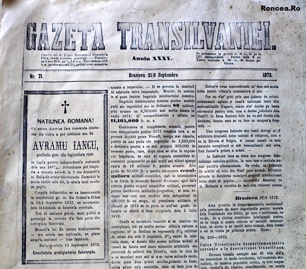 Anuntul mortuar din Gazeta Transilvaniei dispusa la Casa Memoriala din Vidra de Sus