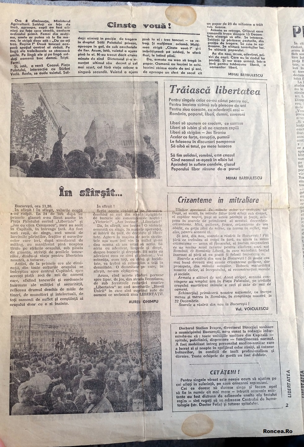 Primul numar al Ziarului Libertatea 22.12.1989 via Roncea Ro 2