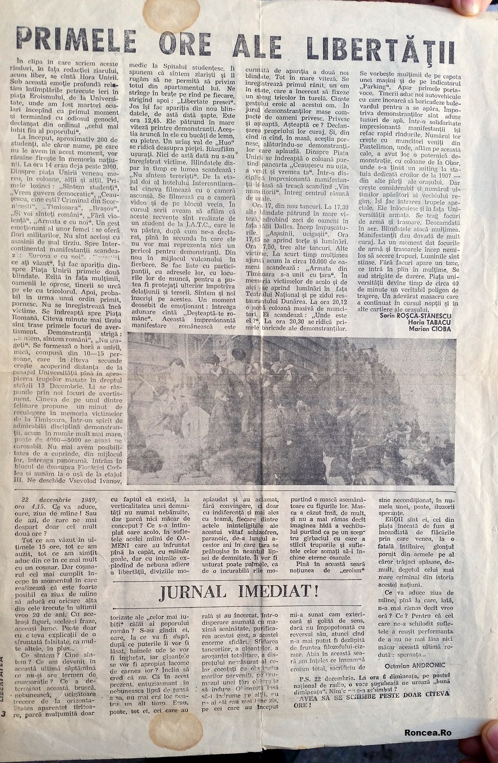 Primul numar al Ziarului Libertatea 22.12.1989 via Roncea Ro 3