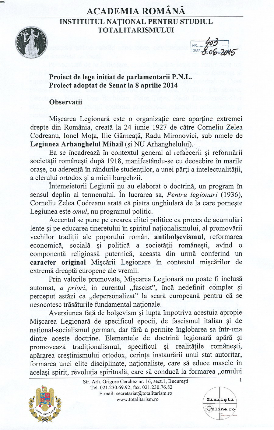 Academia Romana INST despre Miscarea Legionara 01 Iunie 2015 - Camera Deputatilor - Ziaristi Online