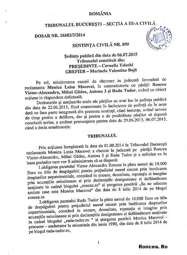 Sentinta Justitia Romana pentru Victor Roncea si Libertatea Presei Mineriada 90 - 2015 - vs Monica Macovei 4